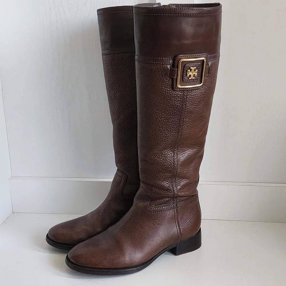 Tory Burch Julian Riding Boot Brown Leather Knee High Gold Logo Buckle Women 6.5